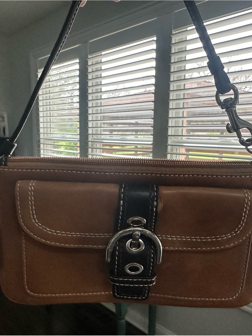 Coach Black Leather Key Fob with White Stitching and Silver Hardware